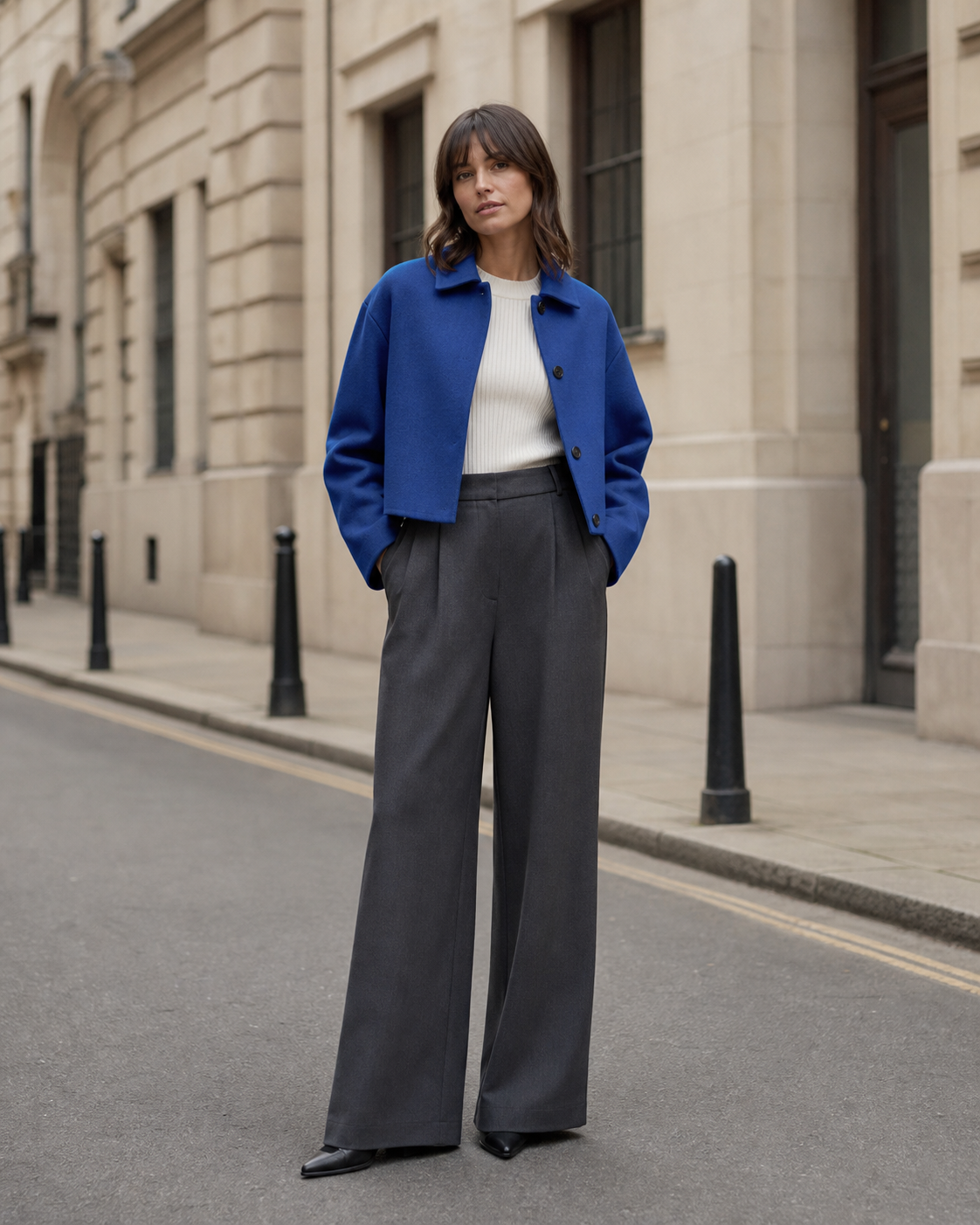 Model wearing a cobalt jacket, ivory top and charcoal trousers